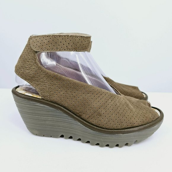 Fly London Yala Sandals 36 5.5 Perforated Suede Wedge Olive Green Taupe Peep Toe - Picture 6 of 13